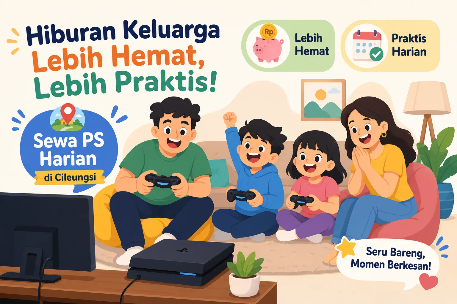 Keluarga menikmati sewa PS harian di Cileungsi