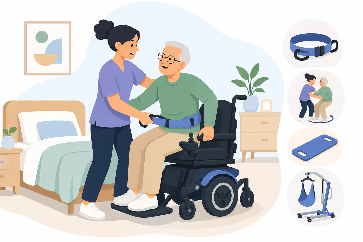 Caregiver assisting patient with bed to wheelchair transfer