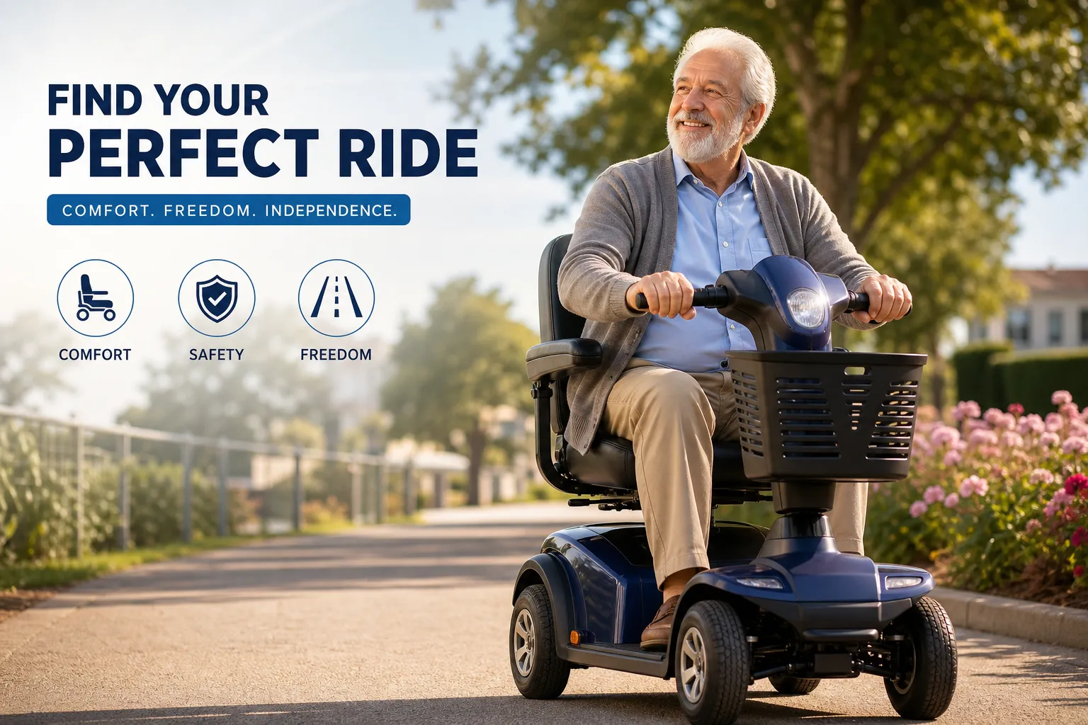 Smiling senior man riding a blue four-wheel mobility scooter along a paved park path