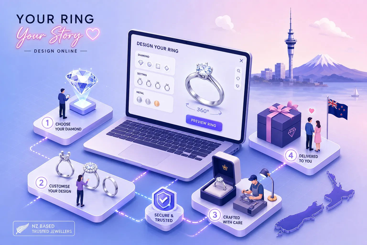 Hands customizing an engagement ring online using digital tools