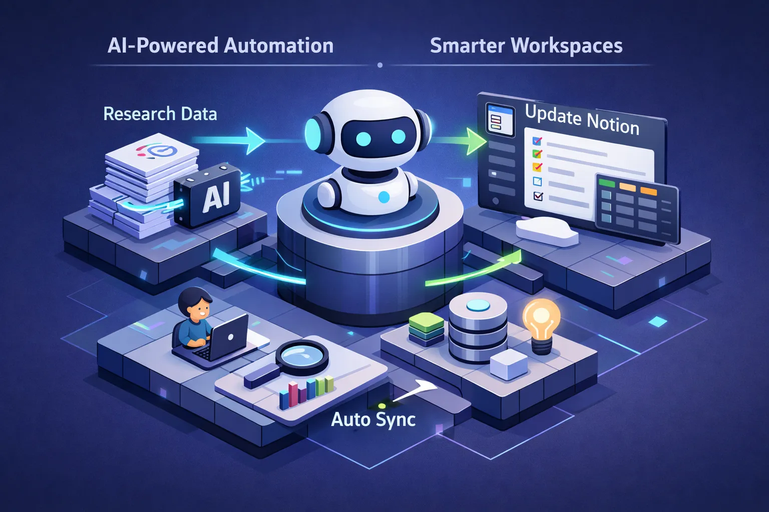Isometric illustration: AI-powered automation connecting research data to an Update Notion workflow.