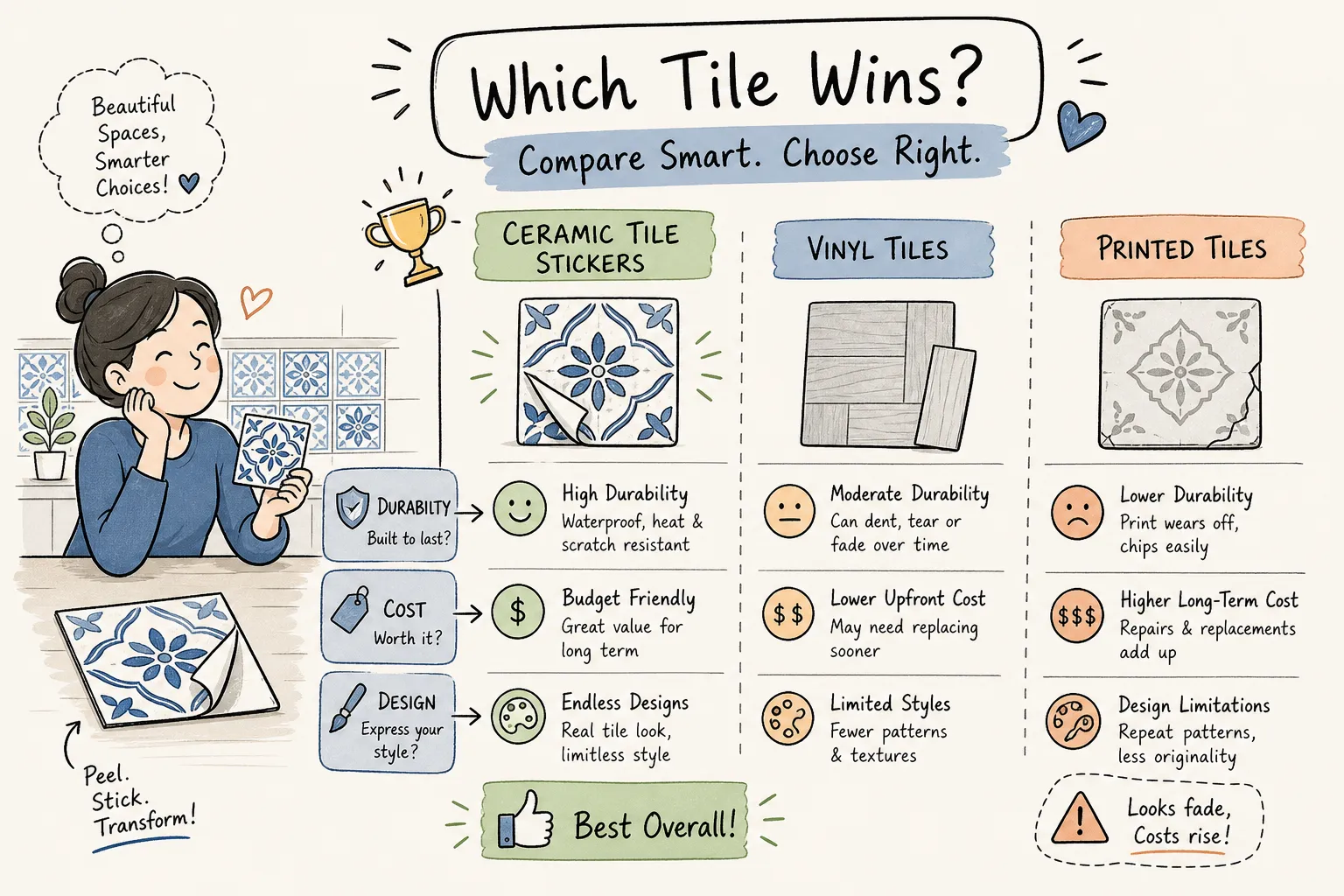 Ceramic tile stickers versus vinyl and printed tiles: durability, cost and design comparison