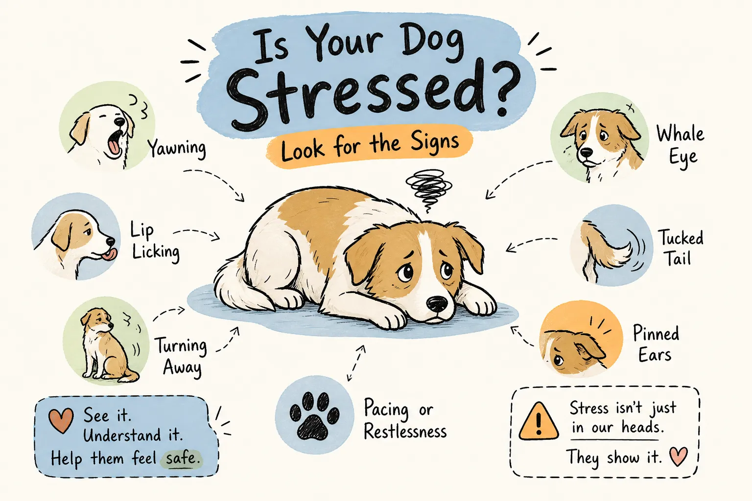 Illustrated diagram of a stressed dog showing eight body language stress signals: yawning, whale eye, lip licking, tucked tail, turning away, pinned ears, and pacing or restlessness