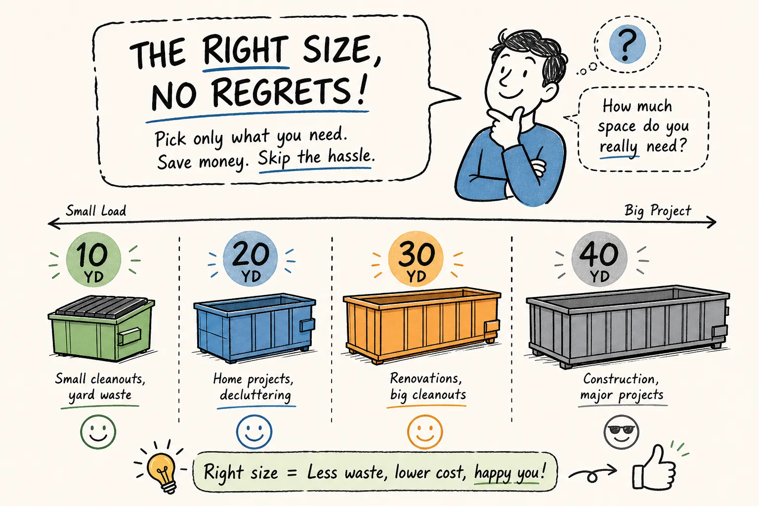 An infographic showing dumpster rental sizes of 10-yd, 20-yd, 30-yd and 40-yd with typical applications to help decide: which one do you actually need