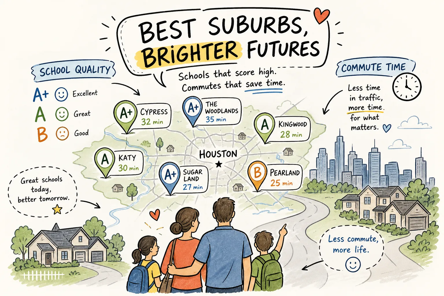 Houston suburbs ranked by schools and commute time