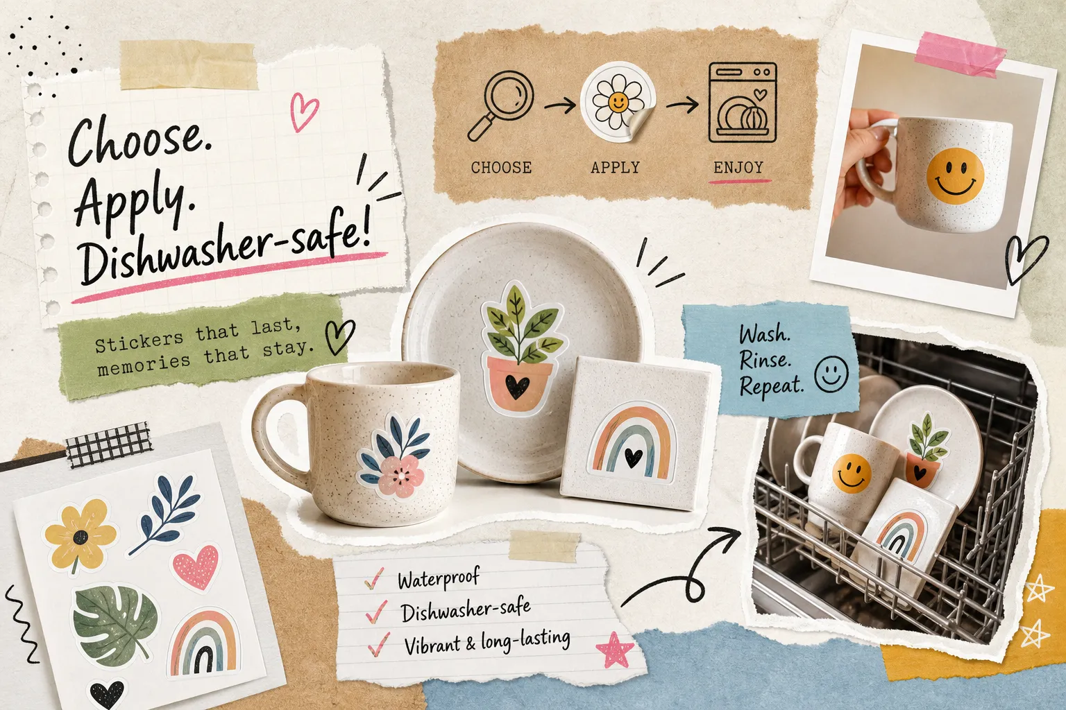How to choose and apply dishwasher-safe stickers for mugs, plates and tiles