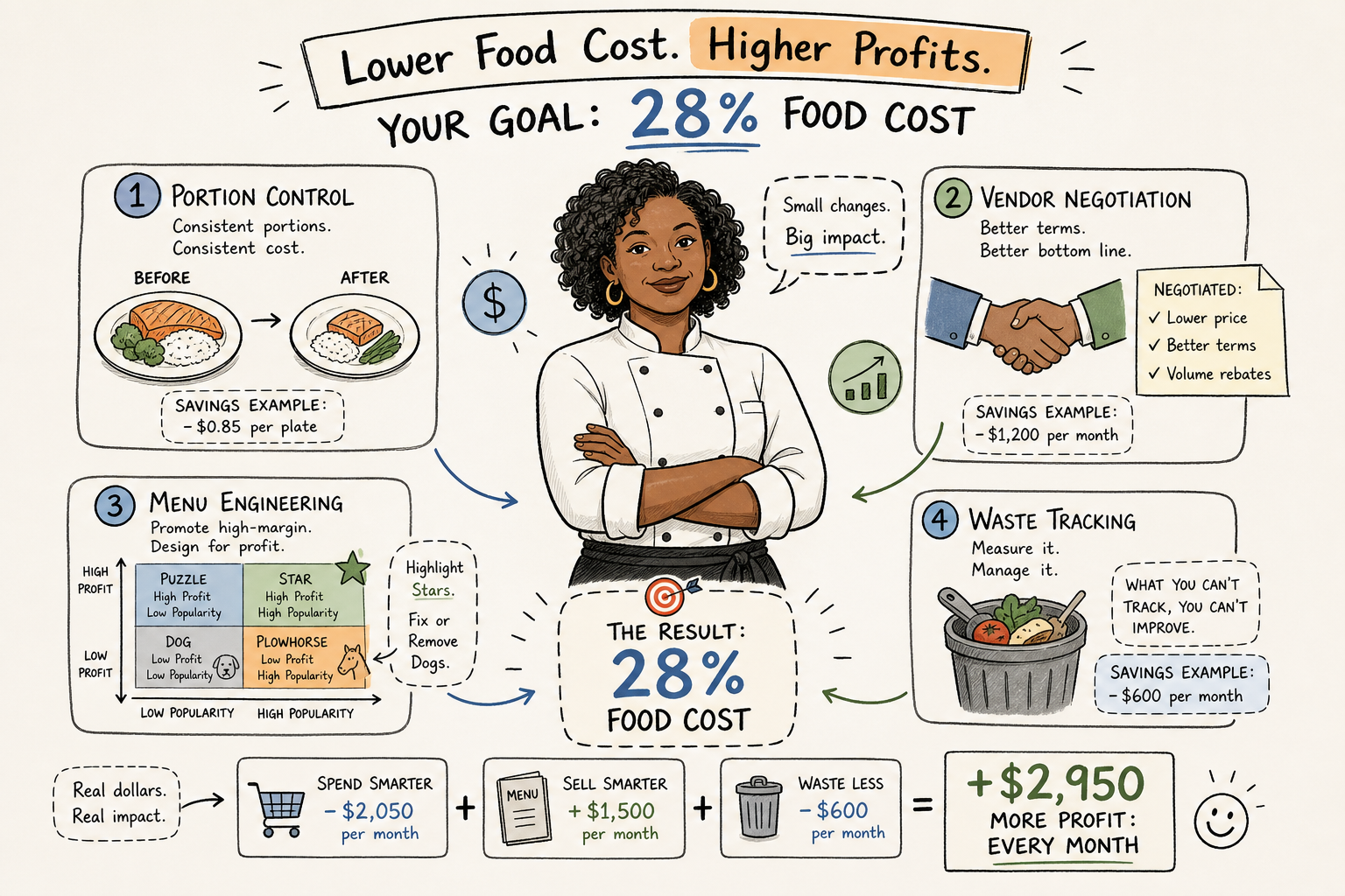 Restaurant kitchen with food cost tracking and portion control systems