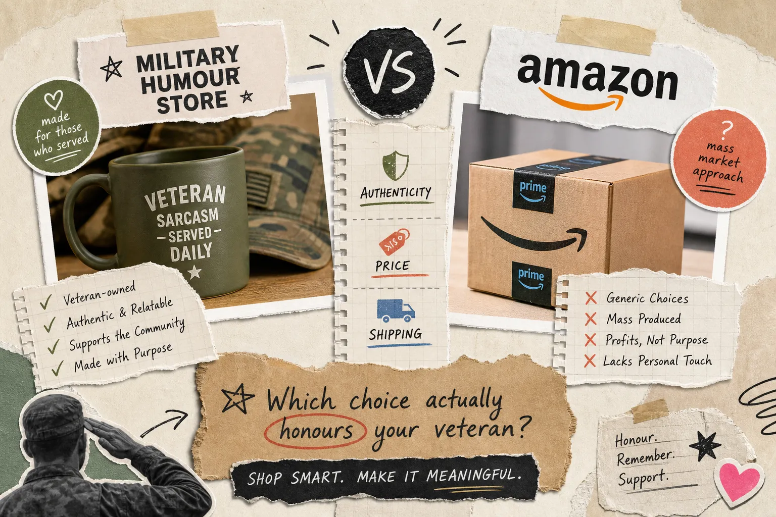 Military humour shops vs Amazon for veteran gifts