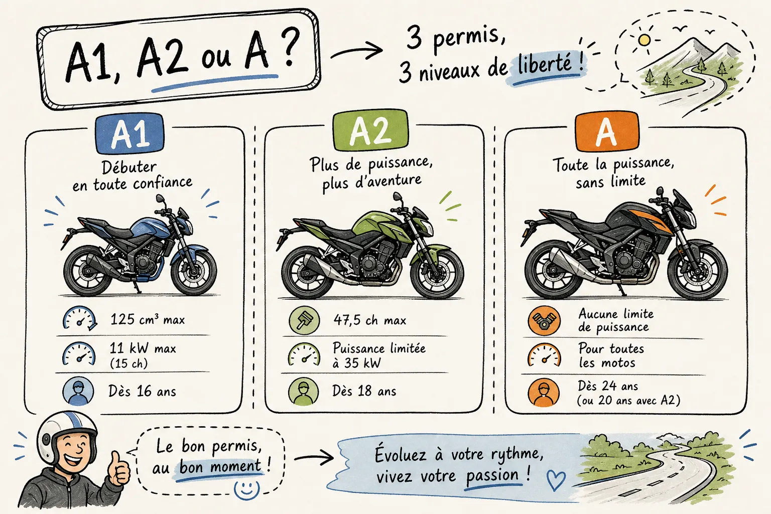 Permis moto A1, A2 et A : quelles différences en France ?