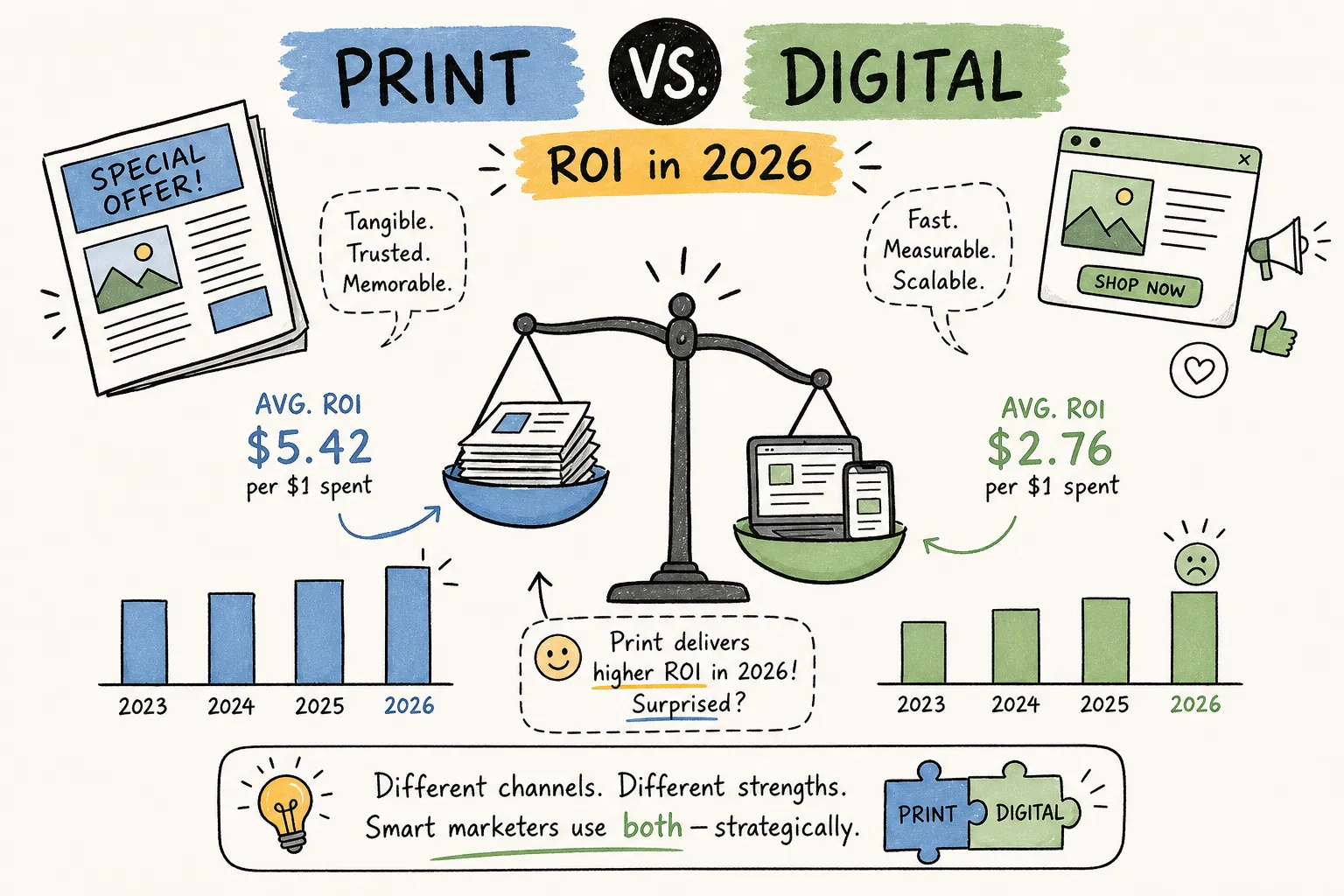 Print vs. digital marketing ROI comparison dashboard illustration