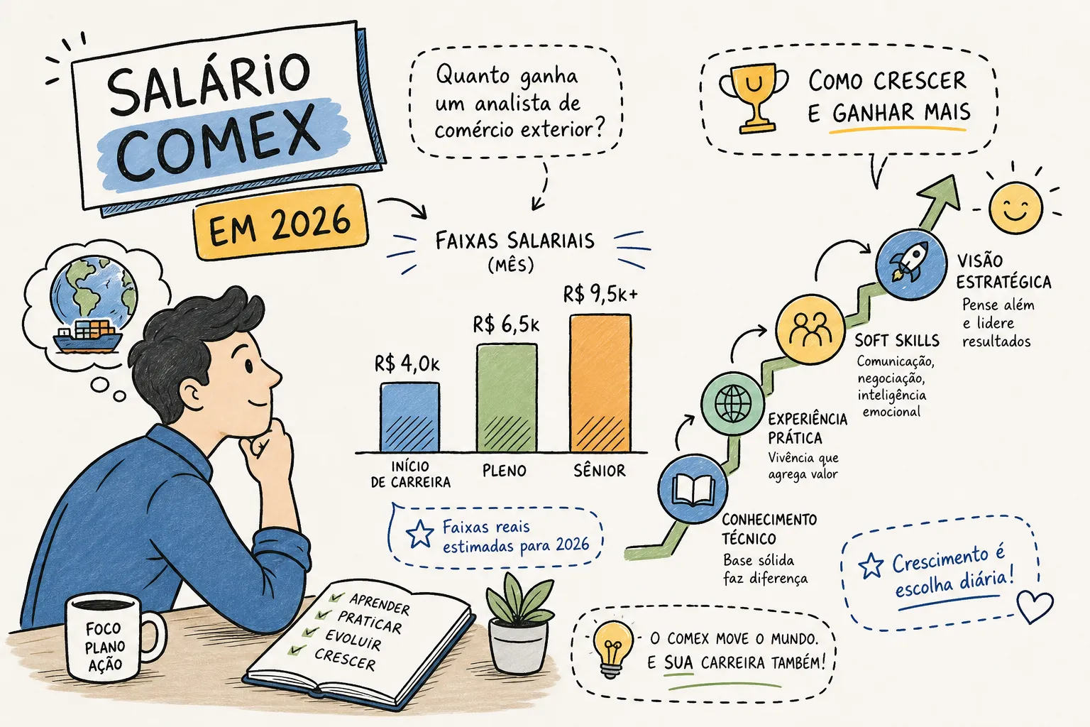 Salário analista comex em 2026: faixas reais e como crescer