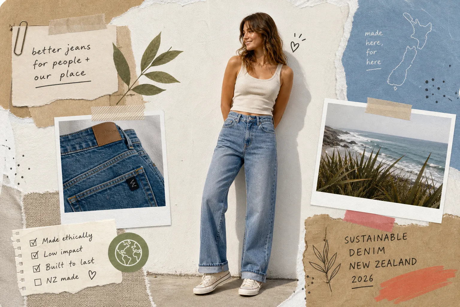Scrapbook style digital collage featuring a woman in wide leg jeans with text reading sustainable denim New Zealand 2026 and better jeans for people and our place.