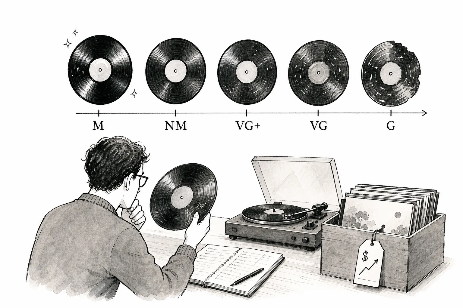 Vinyl record grading scale: M, NM, VG+, and G explained