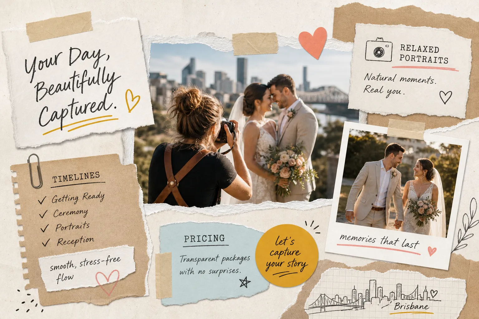 What to expect from your wedding photographer in Brisbane: timelines, pricing and relaxed portrait sessions